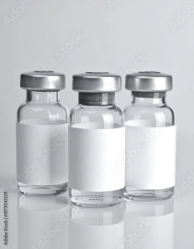Three small glass vials with blank labels, ready for medical use