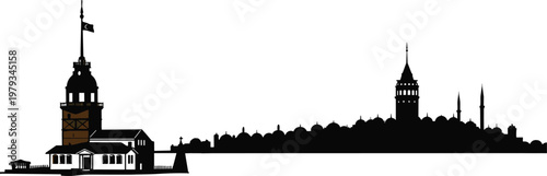 Istanbul skyline silhouette featuring Maiden Tower and Galata Tower, Turkish landmark panoramic view, historic city cityscape isolated on black background.