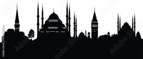 Istanbul skyline silhouette with Blue Mosque, Galata Tower, and Hagia Sophia landmarks, Turkey city panorama, historical architecture, isolated on white, vector.