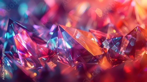 Intricate abstract composition of luminous geometric crystals in shades of purple, red, and blue.