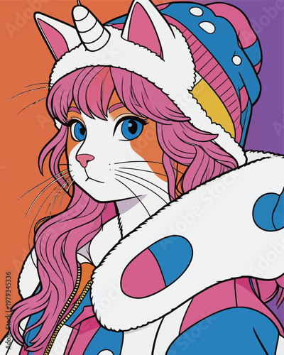 Anime Cat Girl with Unicorn Hat and Colorful Outfit