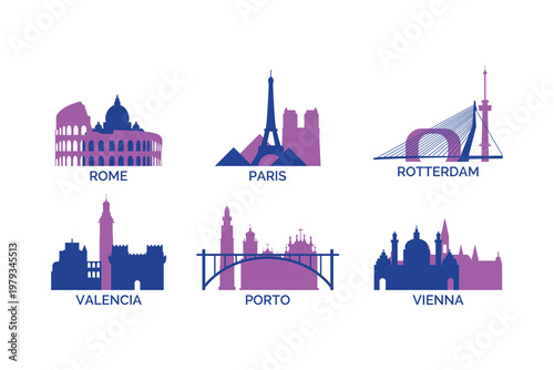 Photography Rome, Paris, Rotterdam, Porto, Valencia, Vienna skyline, cityscape vector icons, clip arts