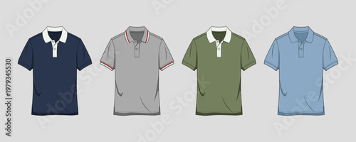 Vector illustration set of four short-sleeved polo shirts in different colors: navy, grey, olive green, and light blue. isolated.
