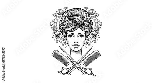 Elegant woman with floral crown crossed scissors and combs vector illustration