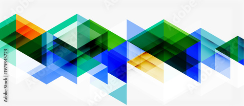 Abstract geometric shapes overlap, creating vibrant color bands. Blue, green, orange hues dominate design. Minimalist style.