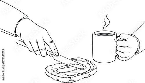 continuous line drawing of hands holding knife spreading butter  and coffe on slice of bread, line art vector illustration
