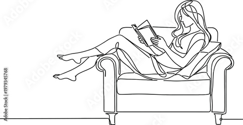 Continuous one line drawing of little girl reading a book. Single line drawing illustration Little woman reading book. World children book day concept vector art. Doodle line illustration. 
