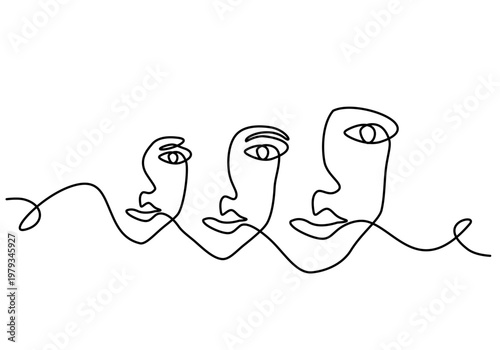 Surreal group of abstract human faces alignment single line art minimalist