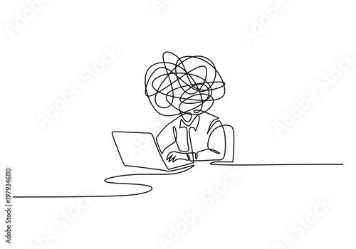person at laptop with messy tangled mind single line art abstract concept