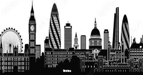 London England city skyline silhouette vector illustration featuring Big Ben London Eye and Tower Bridge for travel and tourism design