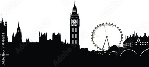 London United Kingdom Skyline Silhouette Featuring Big Ben Palace of Westminster London Eye Ferris Wheel and Thames River Architecture Graphic,