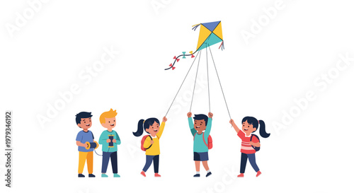 Five diverse children work together happily to fly a colorful diamond-shaped kite in this playful illustration against a plain white background.