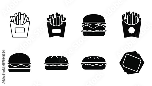 A collection of black and white fast food icons depicting burgers french fries and a serving tray high quality professional detailed