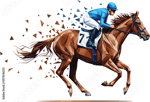 Low poly geometric horse racing illustration with jockey in action, brown stallion galloping with abstract shattering effect, sports competition speed concept
