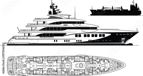 Luxury superyacht profile and deck plan illustration, technical side view of cargo ship, marine vessel blueprint for naval architecture design