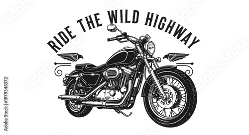 Classic Motorcycle with Ride the Wild Highway Text.