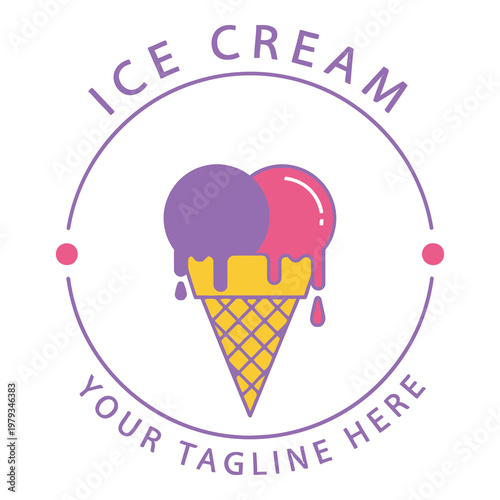 Colorful ice cream cone with two scoops and template text  sweet dessert logo icon