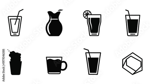 A collection of black silhouette icons depicting various beverage containers and a single ice cube high quality professional detailed modern elegant