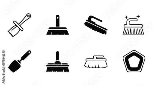 A collection of black and white cleaning tools including trowels brushes and a scrubbing pad depicted as simple icons high quality