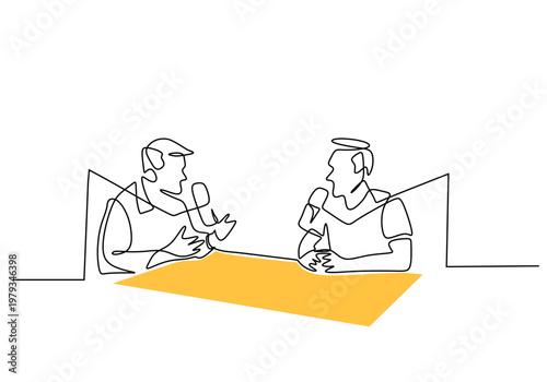 continuous one line drawing of men recording podcast in studio, vector illustration minimalist concept.