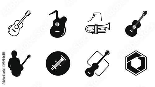 A collection of black and white musical instrument icons featuring guitars a trumpet and associated symbols high quality professional detailed modern