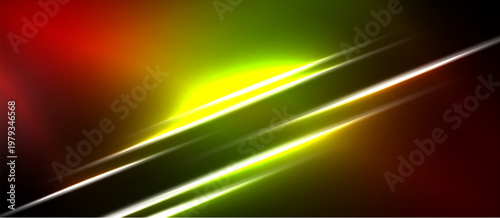 Abstract vibrant lines, gradients blend red, yellow, green. Dramatic lighting creates dynamic visual impact. Minimalist design, dark background.