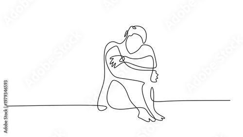 Person hugging knees sitting on floor continuous one line drawing. Minimalist mental health concept.