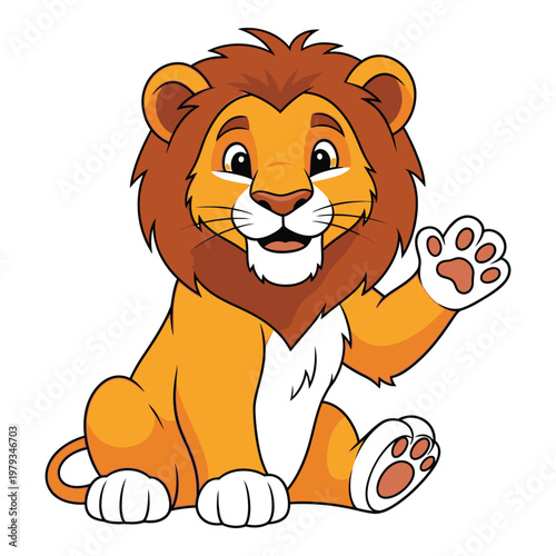 Cute cartoon lion sitting and waving with paw friendly animal icon