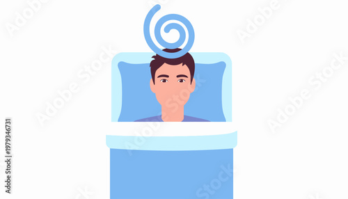 Sleepless person in bed with a hypnotic spiral, depicting insomnia, anxiety, and mental fatigue