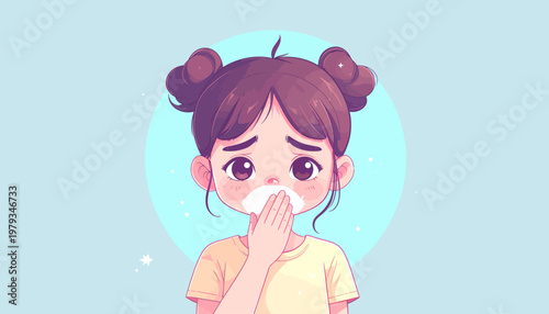 Young cartoon girl feeling sick, covering her mouth due to nausea and stomach ache