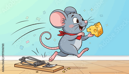 Cartoon illustration of a happy mouse with a slice of cheese running away from a trap