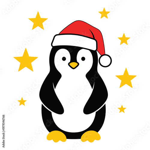 Cute cartoon penguin wearing Santa hat surrounded by golden stars on white background icon