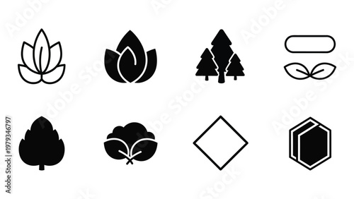 A collection of minimalist black icons depicting various leaves trees and geometric shapes against a white background high quality professional detailed