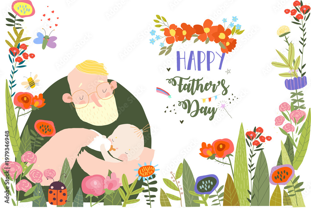 Fototapeta premium Vector Cute Floral Frame Composed with Cartoon Father feeding Baby from Bottle