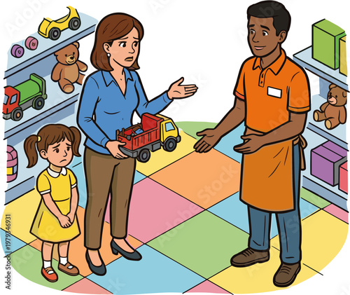 A woman and a little girl are talking to a store clerk in a toy store.