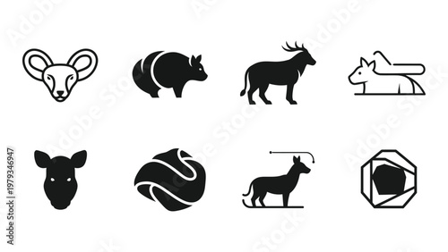 A collection of minimalist black silhouette icons depicting various animal heads and full body profiles high quality professional detailed modern elegant