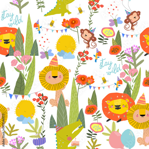 Seamless Pattern with a Cute Funny Animals celebrating Birthday. Vector Illustration