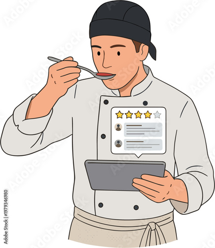 A chef tastes food while reviewing on a tablet in the kitchen.