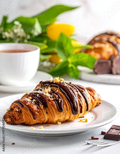 Close-up of a chocolate-glazed pastry on a white plate, with tea, flowers, and chocolate pieces in the background