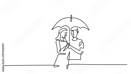 Romantic couple hugging under umbrella continuous one line drawing. Minimalist abstract relationship affection concept.