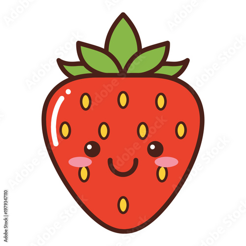 Cute cartoon smiling strawberry with green leaves and blush face icon