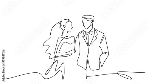 Wedding couple bride and groom single line art. Elegant minimalist concept for marriage celebration.