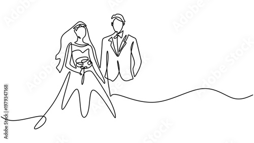 Wedding couple minimalist continuous one line drawing. Bride and groom romance concept isolated on white background.