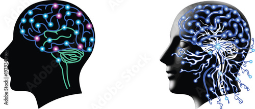 Human brain neural network activity vector illustration profile view.