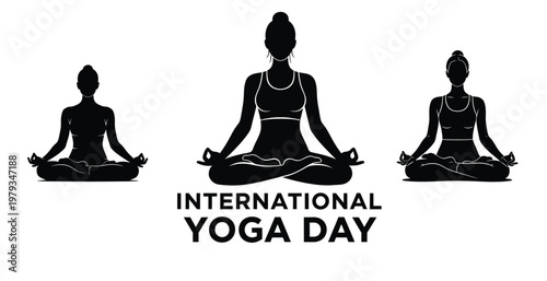 International yoga day illustration three silhouettes in lotus position