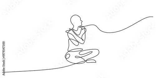 Person sitting hugging self with extending thread. single line art mental health with self love concept