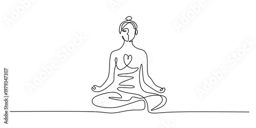 Meditation lotus pose with heart concept. Continuous one line drawing of yoga and peace symbol.