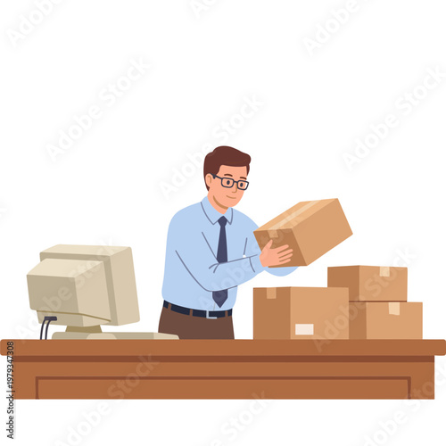 Man packing boxes at office desk with computer
