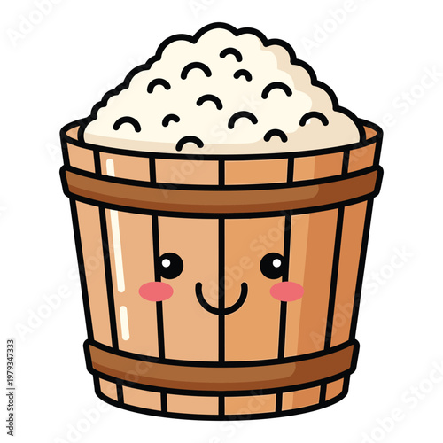 Cute cartoon wooden bucket filled with white rice grains smiling face icon