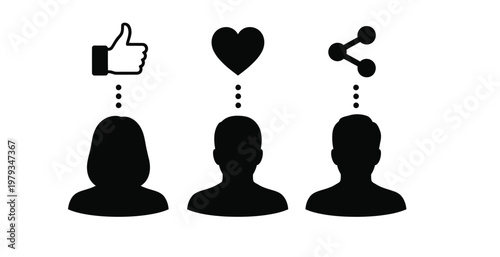 Social media interaction icons likes loves and shares with silhouettes